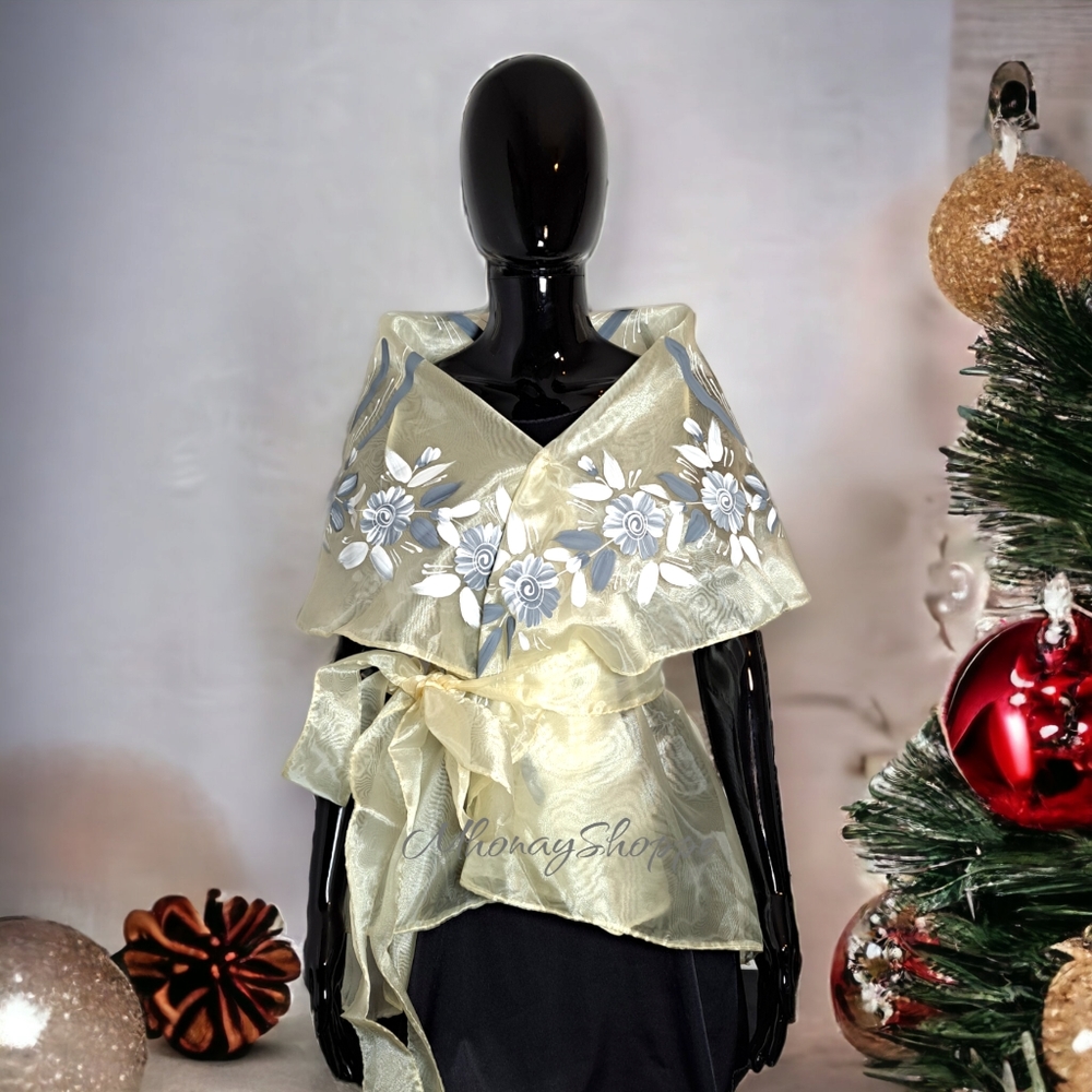 Beige/Gray-Modern Filipiniana Handpainted Wrap Alampay